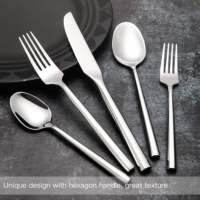 Silverware Set Flatware Set Stainless Steel Heavy Cutlery Set Hexagon Handle Mirror Finished 60 Pieces Service for 12