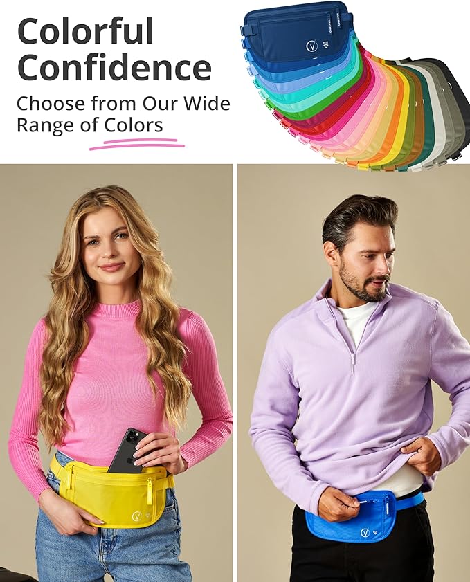 Vantamo Money Belt with RFID For Men & Women, Hidden Passport Holder for Travel, 2 Compartment Travel Fanny Pack for Women Anti Theft