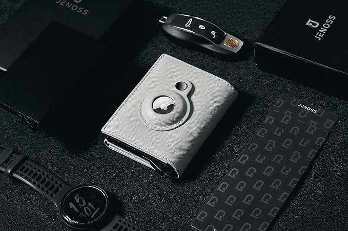 Jenoss Smart AirTag Wallet for Men & Women: Full Grain Leather, Handcrafted, Pop Up Case, Slim, RFID Blocking, Credit Card Holder, Apple Air Tag Tracker Minimalist 9-12 Slot | ID & Cash (Black& Grey)