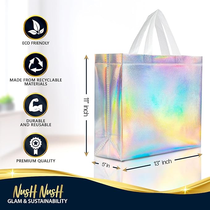 Nush Nush Iridescent Large Gift Bags Bulk - Set of 60 Holographic Reusable Gift Bags with Handles - Ideal Goodie Bag for Small Business, Parties and Events, Christmas Gifts, Thanksgiving- 13x5x11