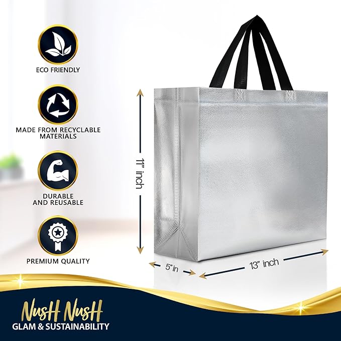 Nush Nush Large Silver Gift Bags Bulk – Set of 30 Silver Reusable Bulk Gift Bags with Handles - Ideal For Small Business, Christmas Party, Thanksgiving, Birthday, Weddings, Events – 13Wx5Dx11H