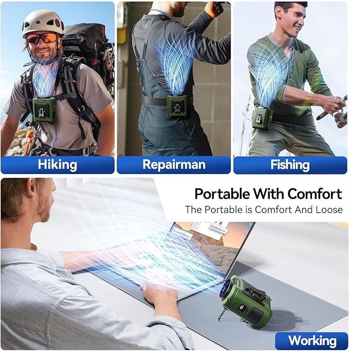 Aristide Waist Fan With Flashlight,Personal Fan Portable USB Rechargeable Waist Clip Fan Working Fan Hand Free 10000mAh, 36hours Wearable Cooler