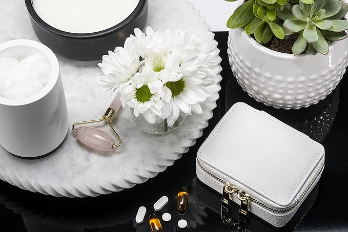 Weekly Travel Pill Organizer - Vegan Leather Pill Case with Removable 7 Day Pill Box, Travel Medicine Organizer for Medicine, Vitamin, Supplement (White)