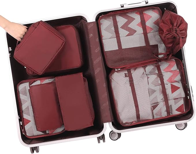 BAGAIL 8 Set Packing Cubes Luggage Packing Organizers for Travel Accessories-Wine Red