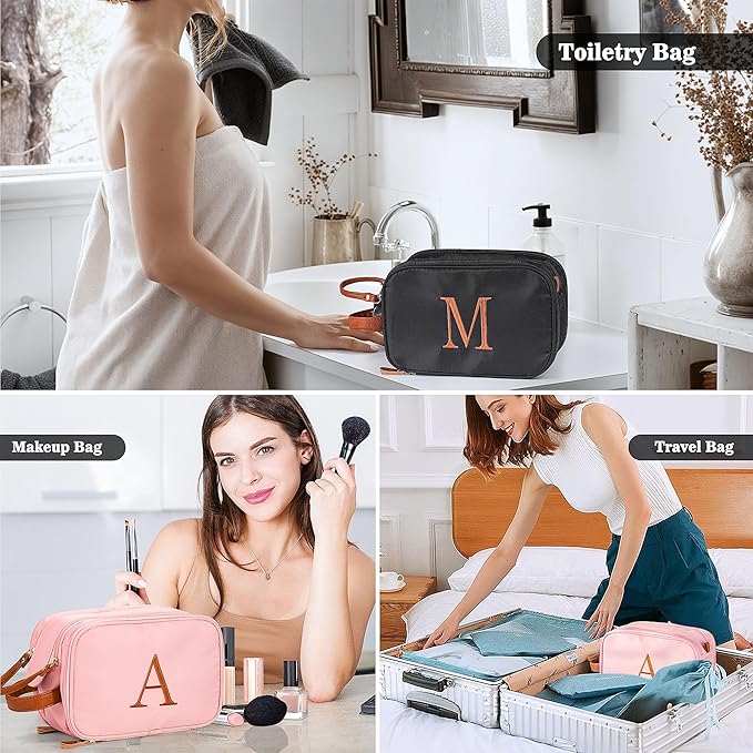 YOOLIFE Black Makeup Bag Toiletry Bag - Personalized Initial Toiletry Bags for Women Men, Travel Size Toiletries Essentials Birthday Gifts for Men Women Letter D Black