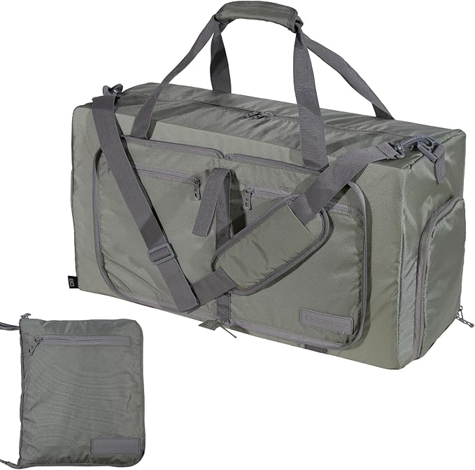 LEGEND 60L Foldable Duffle Bag for Travel - Packable Duffle Bags w/Shoe Compartment - Tear Resistant Collapsible Duffel Bags for Traveling - Lightweight Folding Duffel Bag for Men & Women -Army Green
