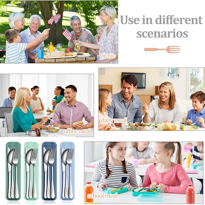 Yinkin 4 Pack Portable Travel Utensils Set with Case Reusable Stainless Steel Silverware Flatware Camping Cutlery Include Fork Spoon Knife for Work School Dishwasher Safe(Blue Color Series)