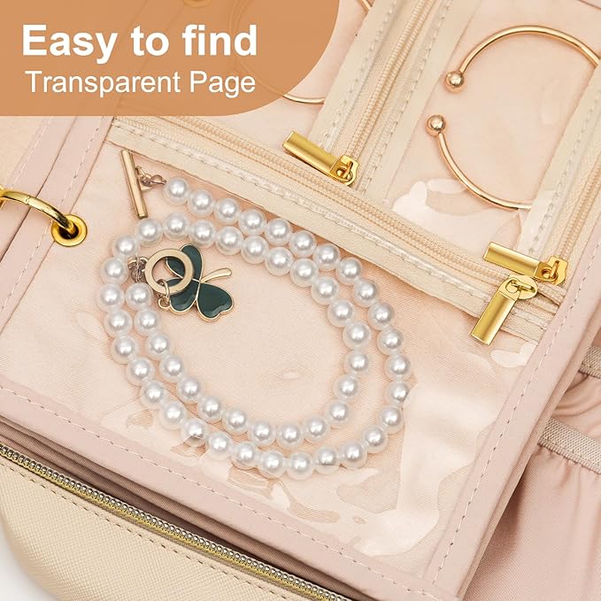 Leather Travel Jewelry Case Organizer,Jewelry Storage Book Binder with Clear Zipper Pouch & Lining-Portable Jewelry Bag for Earrings,Rings,Necklaces,Bracelets (3 PCS Beige- Inner Pages)