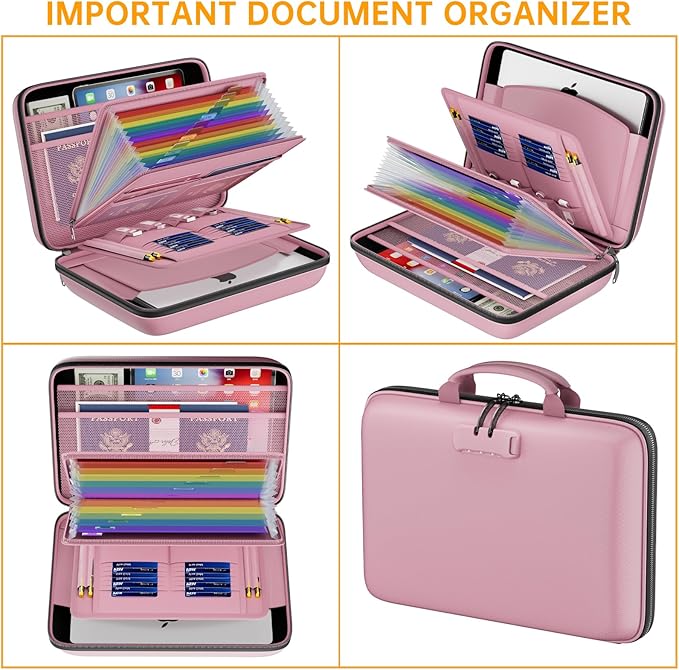 DocSafe Fireproof File Organizer with Lock, Hard-Shell Case Fireproof Document Box with 13 Pocket Accordion File Folder, Portable Home Office Travel Safe Storage for Important Documents Laptop Pink