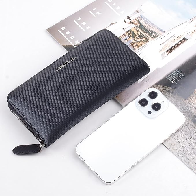 VISOUL Leather Long Zippered Pouch Wallet for Men with RFID Blocking Two-tone, Large Carbon Fiber Leather Clutch Cash Long Wallet with Zipper (Black+Burgundy)