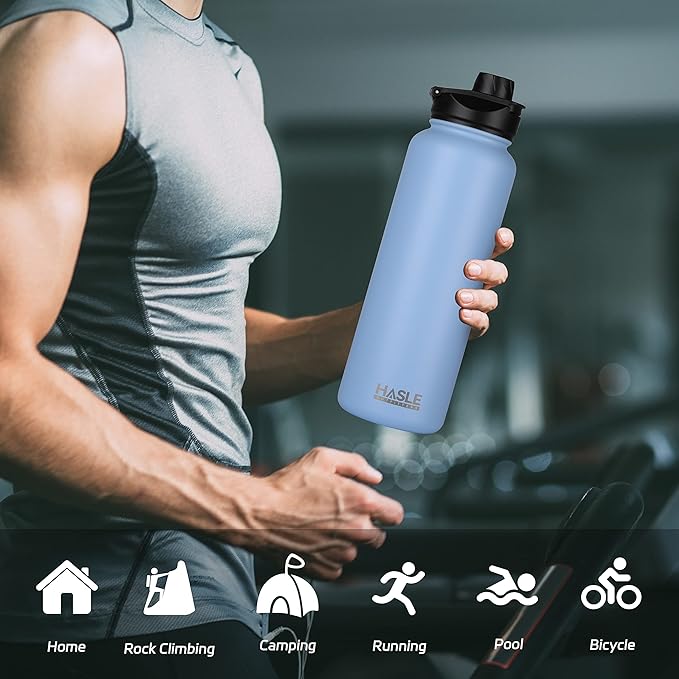 HASLE OUTFITTERS 32 oz Insulated Water Bottle Stainless Steel Double Walled Vacuum Sports Water Bottle with 2 Lids (Straw and Spout Lid) for Gym Camping Hiking(Blue,8)