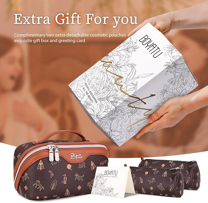 BOYATU Travel Makeup Bag Cosmetic Bags for Women: 3 Pcs Set Portable Make up Bag with Handle - Vegan Leather Toiletry Bags with Compartments - Makeup Organizer for Travel Essentials(L-1-Brown)