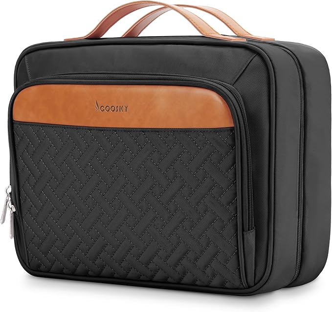 Travel Hanging Toiletry Bag for Women, with Jewelry Organizer Compartment, Medium Waterproof Hanging Makeup Accessories, Cosmetic Essentials, Toiletries Dopp Kit Set with Trolley Belt, Black