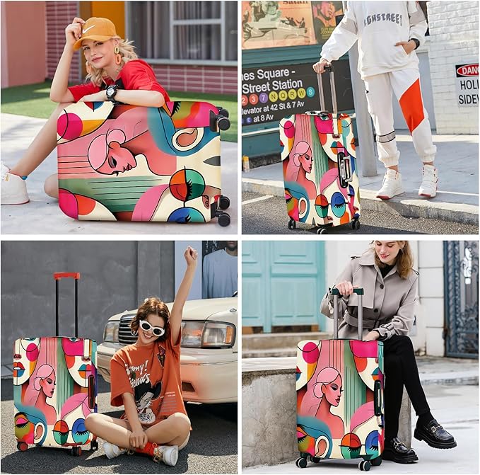 ANNA QUEEN Modern Art Fashion Luggage Cover, Stylish Abstract Woman Suitcase Protector, Washable, Stretchable Travel Sleeve for 20-22 Inch Luggage, Trendy, Colorful Design