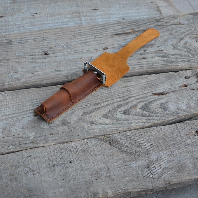 JJNUSA Handmade Sleeve Travel Pouch Leather Safety Razor Case, Double Edge Razor 4.5", Old Fashioned Razor Sleeve Shaving Accessories Men's Shaving Razor Brown