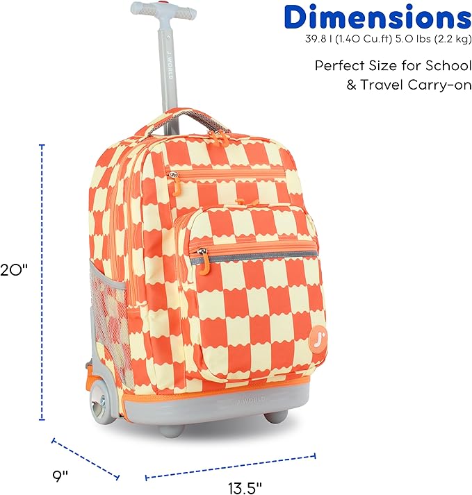 J World Sundance Laptop Rolling Backpack for Girls Boys. Roller Bookbag with Wheels, Wiggle Coral