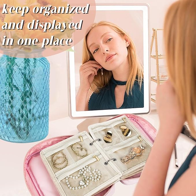 Travel Jewelry Organizer Case,Small Jewelry Bags Jewelry Storage Book Binder with Clear Zipper Velvet Pouch for Traveling,Earrings, Rings, Necklace, Bracelet (Pink)