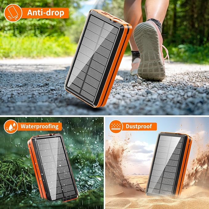 Portable Charger Solar Power Bank 52800mAh 5V/3A Fast Charging Battery Pack with Built in 4 Cables 2 Outputs & LED Flashlight for Cell Phone Camping and Hiking