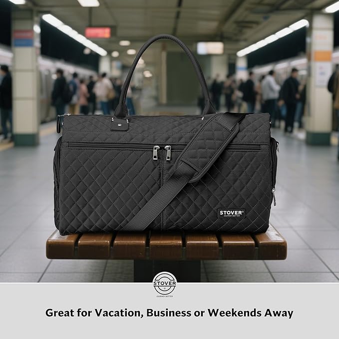 STOVER Women’s Convertible Garment Duffel Bag for Travel – 2-in-1 Carry-On Weekender/Overnight Tote - Wrinkle-Free Dresses, Hanging Suits & Clothes Plus Shoe Compartment & Bonus Toiletry Bag (Black)