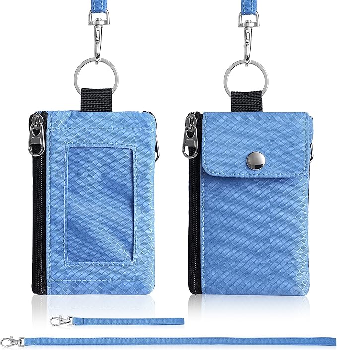 Minimalist Wallet For Mens Womens, Keychain RFID Blocking Zipper Small Wallet with ID Window 2 Lanyards,Water Resistant Travel Cash Card Coin Case Boys Girls