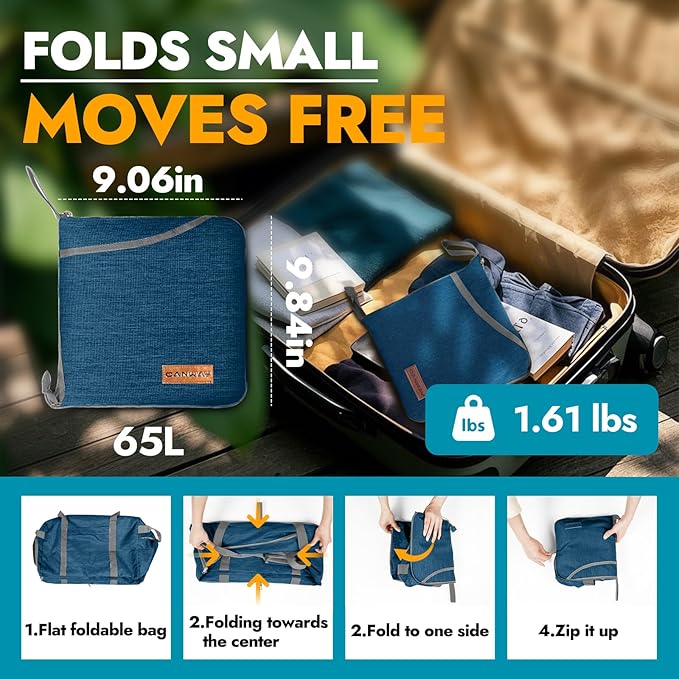 Canway 65L Travel Duffel Bag, Foldable Weekender Bag with Shoes Compartment for Men Women Water-proof & Tear Resistant (Aegean Blue, 65L)