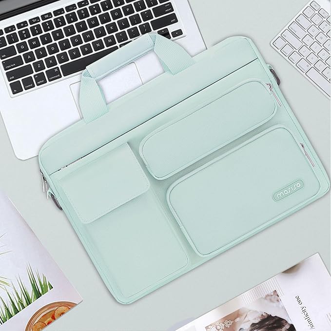 MOSISO Laptop Shoulder Bag 15.6 inch, 15-15.6 inch Computer Bag Compatible with MacBook Pro 16 inch, HP, Dell, Lenovo, Notebook with 2 Raised&1 Flapover&1 Horizontal Pocket&Handle&Belt, Mint Green
