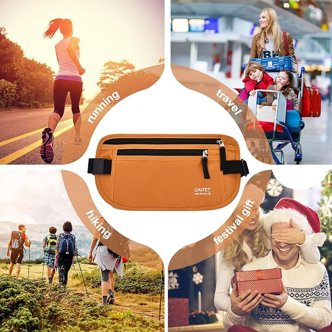 RFID Blocking Money Belt for Men Women, Slim Fanny Pack for Travel,Running,Conceal Waist Wallet for Passport Holder,Phone,Cash(Brown Orange)