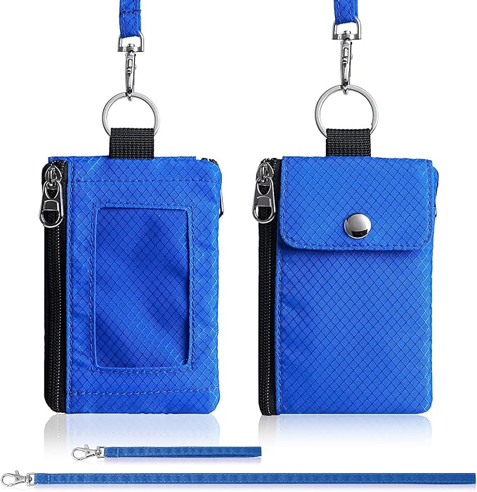 Minimalist Wallet For Mens Womens, Keychain RFID Blocking Zipper Small Wallet with ID Window 2 Lanyards,Water Resistant Travel Cash Card Coin Case Boys Girls
