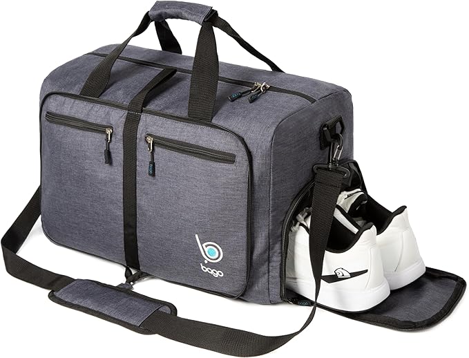 Bago Foldable Duffel Bags for Traveling Women & Men - 40L Sports Packable Duffle Bag for Travel with Shoe Compartment - Water Repellant, Heavy Duty, Lightweight Folding & Collapsible (SnowBlack)