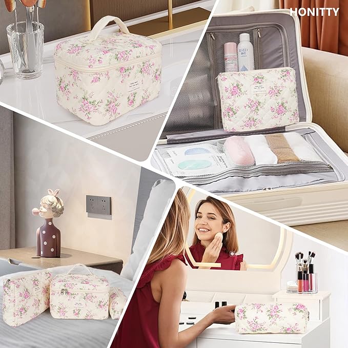 Makeup Bag,Quilted Cosmetic Bags,Large Floral Make Up Organize bag,Makeup Bag Set for Women,Flower Travel Toiletry Bag