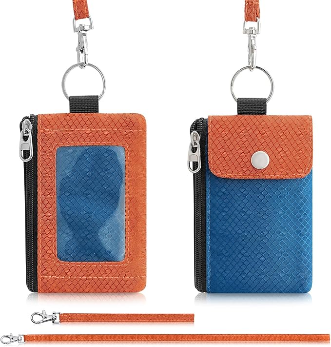 Minimalist Wallet For Mens Womens, Keychain RFID Blocking Zipper Small Wallet with ID Window 2 Lanyards,Water Resistant Travel Cash Card Coin Case Boys Girls
