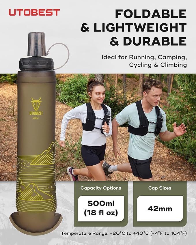 500ml Soft Flask, 2 Pack Flexible TPU Hydration Water Bottle, Collapsible with 42mm Caliber for Running, Hiking, Cycling, Climbing, and Marathon Yellow
