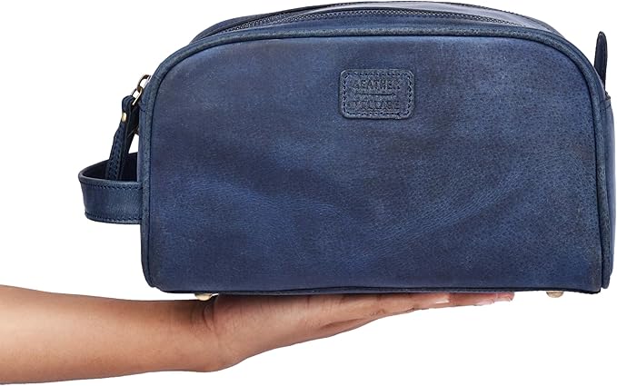 LEATHER VILLAGE Premium Leather Toiletry Travel Pouch With Waterproof Lining - Blue | King-Size Handcrafted Vintage Dopp Kit Bag, Shaving & Bathroom Organizer, Gift for Men & Women