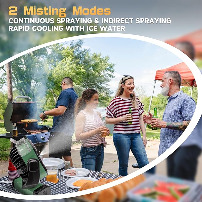 Portable Misting Fan with LED Light & 20000mAh Power Bank - Rechargeable Camping Fan with Remote, Spotless Speeds & 360° Pivot Hook for Outdoor, Hurricane, RV, Power Outages