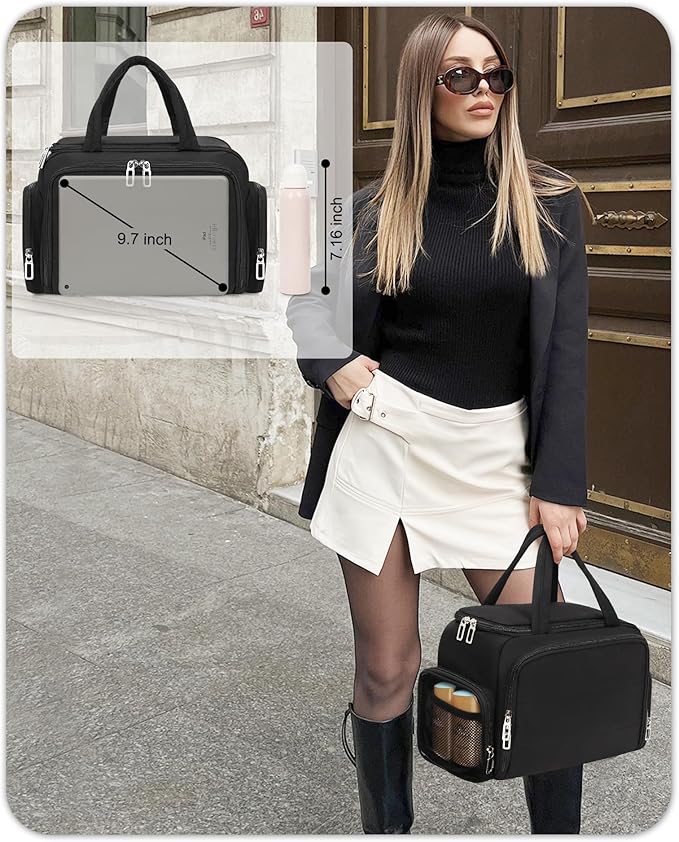 Travel Makeup Bag, Lightweight Wide-open Toiletry Bag for Women, Portable Cosmetic Bag Organizer with Handle for Accessories, Brushes Set, Travel-Sized Container for Trip, Camping - Black