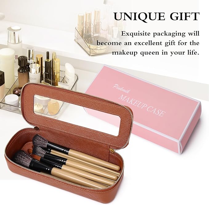 Pinkmik Makeup Brush Case Clear Travel Cosmetic & Toiletry Bag Small Makeup Bag with Zipper Purse Organizer Car Essential Bag for Women (X/Brown, SLIM)