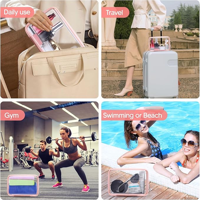 2 Pcs Clear Hard Zipper Case, Hard PC Plastic Cosmetic Travel Bag, Portable Travel Organizer Bins, Durable Makeup Bags for Toy Storage, Pencil Case(Pink Zipper)