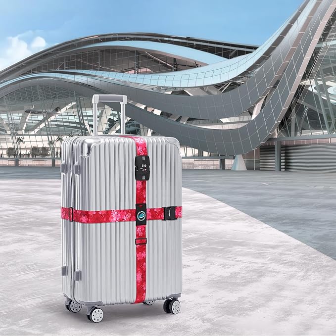 Travelkin Luggage Straps TSA Approved - Adjustable Cross Suitcase Straps with TSA Lock, Reinforced Buckle, Unique Pattern - Secure Heavy Duty Luggage Straps for Travel (Sakura)