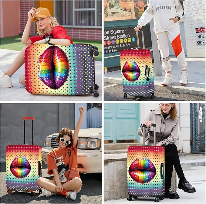 ANNA QUEEN Pop Art Rainbow Lips Luggage Cover, Colorful Suitcase Protector with Bold Lip Design, Stretchable, Washable Travel Cover for 20-22 Inch Luggage, Fun & Fashionable Style