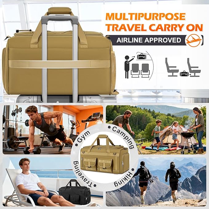 RAINSMORE Gym Bag for Men, 45L Sports Duffel Bag with Shoe Compartment Gym Backpack Carry On Weekender Bag Overnight Backpack Carry On,Khaki