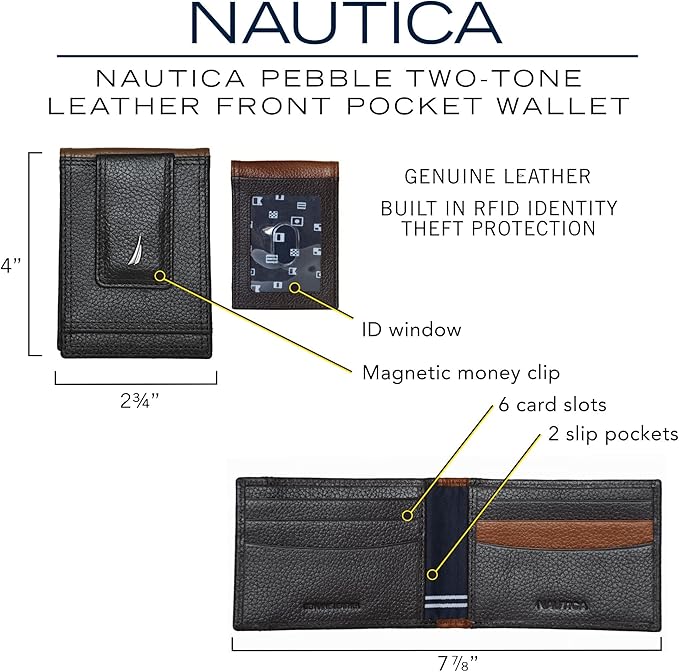 Nautica Men's Slim Wallet | Card Case | RFID Blocking | ID Window | Minimalist | Lightweight | Genuine Leather