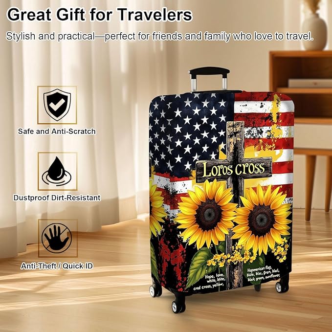 Luggage Cover Protector for 30-32 Inch Suitcases, TSA Approved Elastic Travel Suitcase Covers, Anti-Scratch Washable Luggage Sleeve for Carry On & Checked Bags, Cross Sunflower
