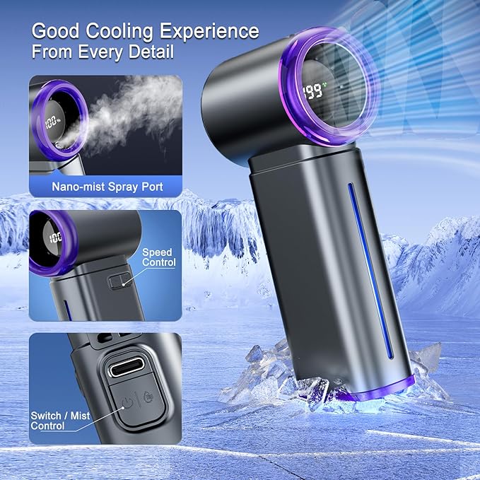 Portable Misting Fan - Mini Handheld Fan - 5000mAh Rechargeable Personal Mister Fans with Digital Display, 1-199 Speeds Adjustable, Birthday Gifts for Women Men Travel/Outdoor/Home/Office (Grey)