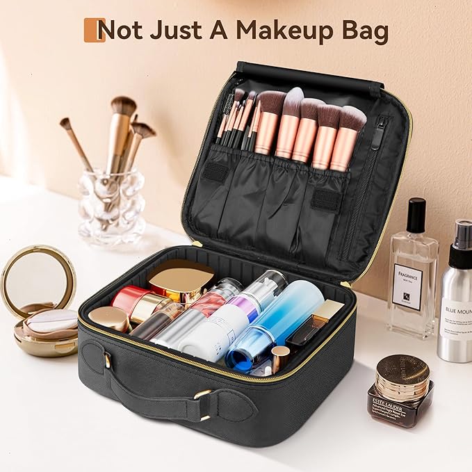 JUSRON Portable Makeup Bag with Adjustable Dividers, Makeup Brush Holder Storage (Black No Mirror, Small)