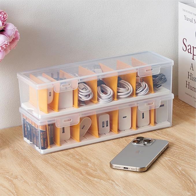 2 Pack Cable Organizer Storage Box with 16 Cable Ties, Clear Phone Charger Organizer Case Wire Organizers for Cords Electronic Storage Box for Drawer Desk Office Home