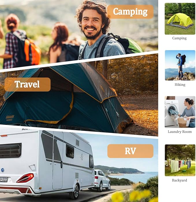 32Ft Portable Travel Clothesline Caudblor Adjustable Camping Clothes Laundry Drying Rope for Hotel Trip, Cruise, Outdoor/Indoor with 10 Windproof Clips, 10 Clothespins, 1 Storage Bag(Blue)