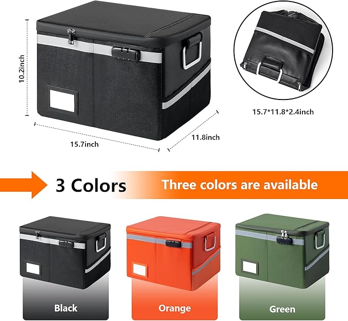 Fireproof Document Box,Portable File Organizer with Lock,Water-Resistant Document Organizer Collapsible File Cabinets for Home Office Safe Storage Box for Hanging Letter/Legal Folders-Orange