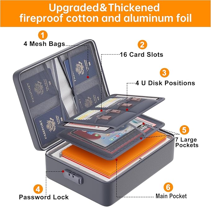 DocSafe 5200°F Document Organizer with Lock,Upgraded Heat Insulated Fireproof&Waterproof Box 8 Layers File Organizer,Portable Home Travel Safe Storage for Important Documents, Files,Gray (Soft)