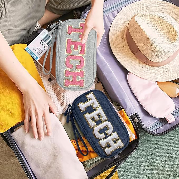 COSHAYSOO Electronics Accessories Organizer Bag with Chenille Letter Patch TECH for Women Travel Gifts, Traveling Essentials Compact Case Waterproof Must Have Pouch for Cord Charger Adapter (Gray)