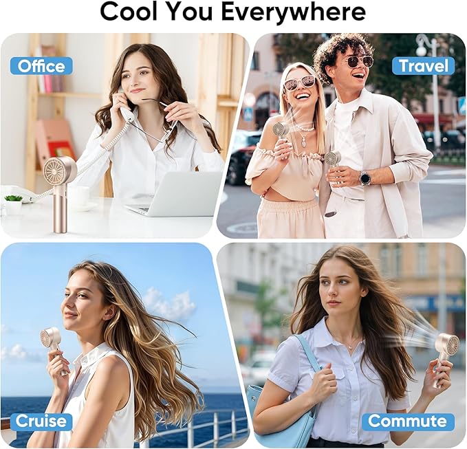 AMACOOL Mini Handheld Turbo Fan, 17Hrs Runtime, 4 Speeds, Cool Metal Body, Rechargeable Personal Hand Fan, Travel Essentials, Portable Pocket Fans for Girl Woman Man Makeup Camping-Beige